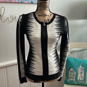 Herve Leger Britt Front-Zip Ombre Bandage Black & White Jacket Size Large